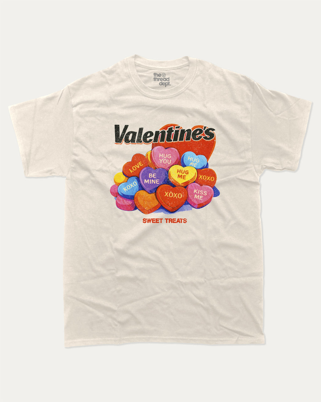 Valentine's Sweet Treats graphic tee with bold and humorous print, Perfect Gift for Valentine's Day, Valentine's Day Graphic T shirt, funny and trendy graphic. Perfect for adults and gift-giving. Cream shirt.