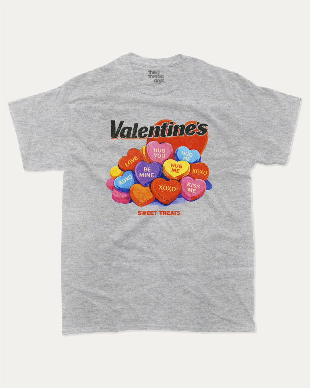 Valentine's Sweet Treats graphic tee with bold and humorous print, Perfect Gift for Valentine's Day, Valentine's Day Graphic T shirt, funny and trendy graphic. Perfect for adults and gift-giving. Heather Grey shirt.