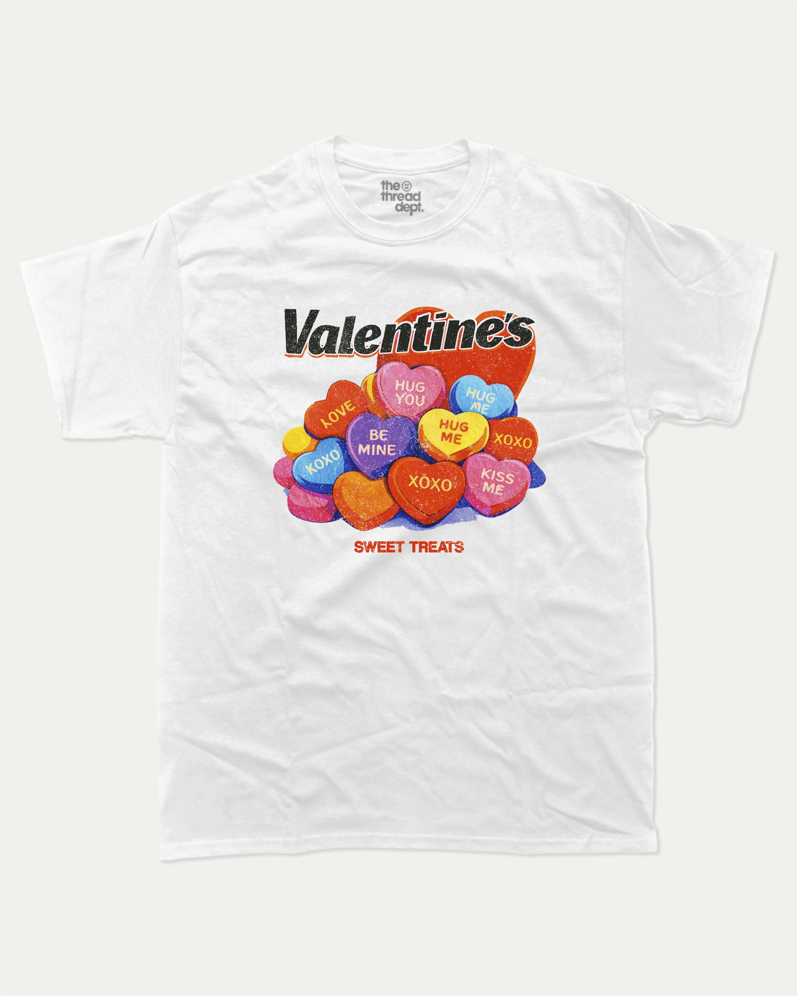 Valentine's Sweet Treats graphic tee with bold and humorous print, Perfect Gift for Valentine's Day, Valentine's Day Graphic T shirt, funny and trendy graphic. Perfect for adults and gift-giving. White shirt.