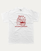 You're going in the chocolate graphic tee with funny valentine print, trendy love graphic. Perfect for Valentine's Day gift-giving. White shirt.