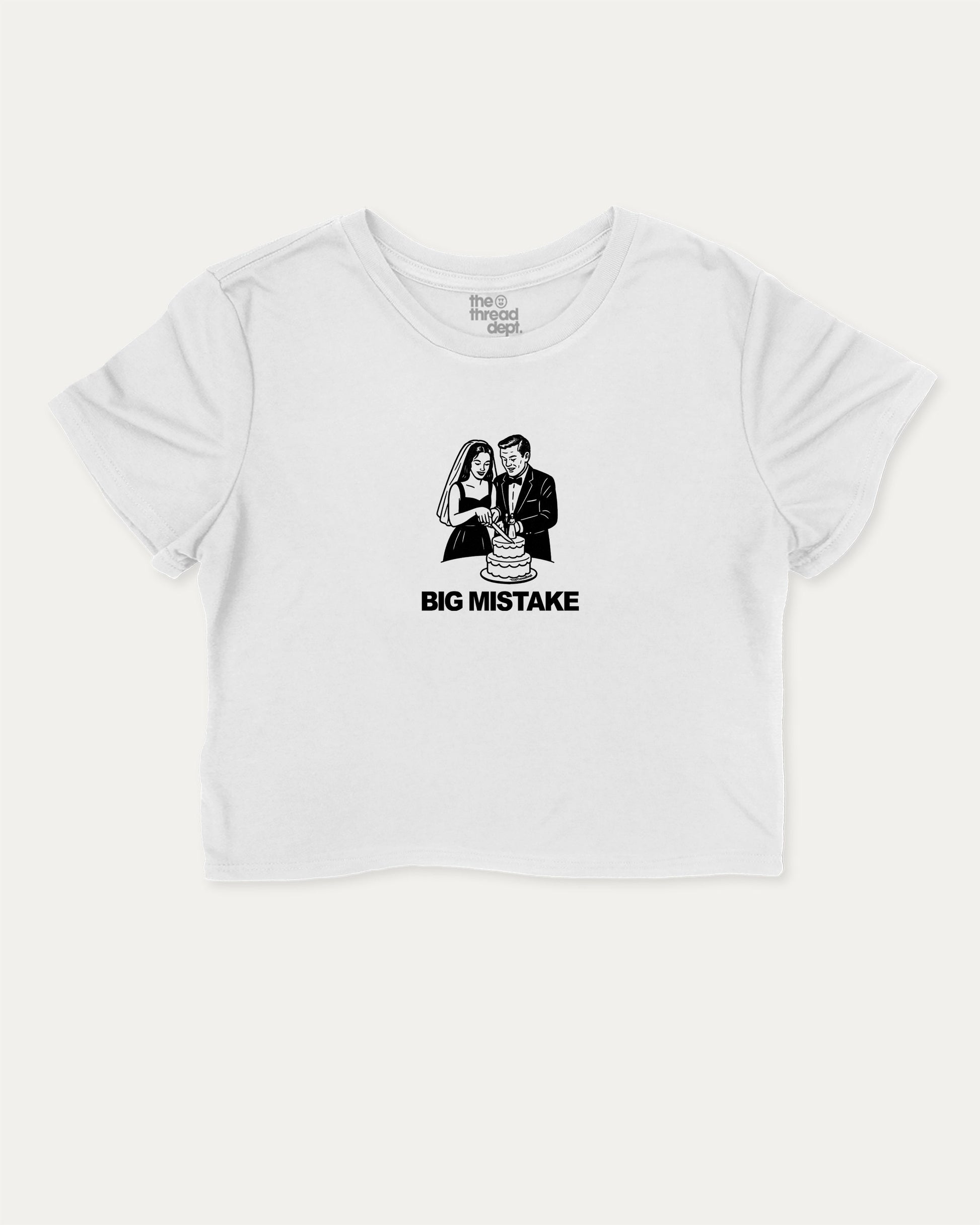 Big Mistake cute and trendy crop tee with nostalgic graphic, perfect for women. funny wedding marriage shirt, ideal for daily outfits and casual days. White crop tee