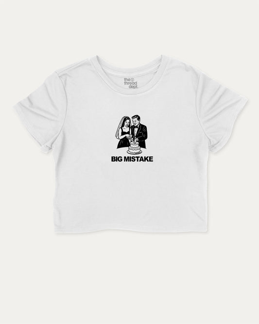 Big Mistake cute and trendy crop tee with nostalgic graphic, perfect for women. funny wedding marriage shirt, ideal for daily outfits and casual days. White crop tee
