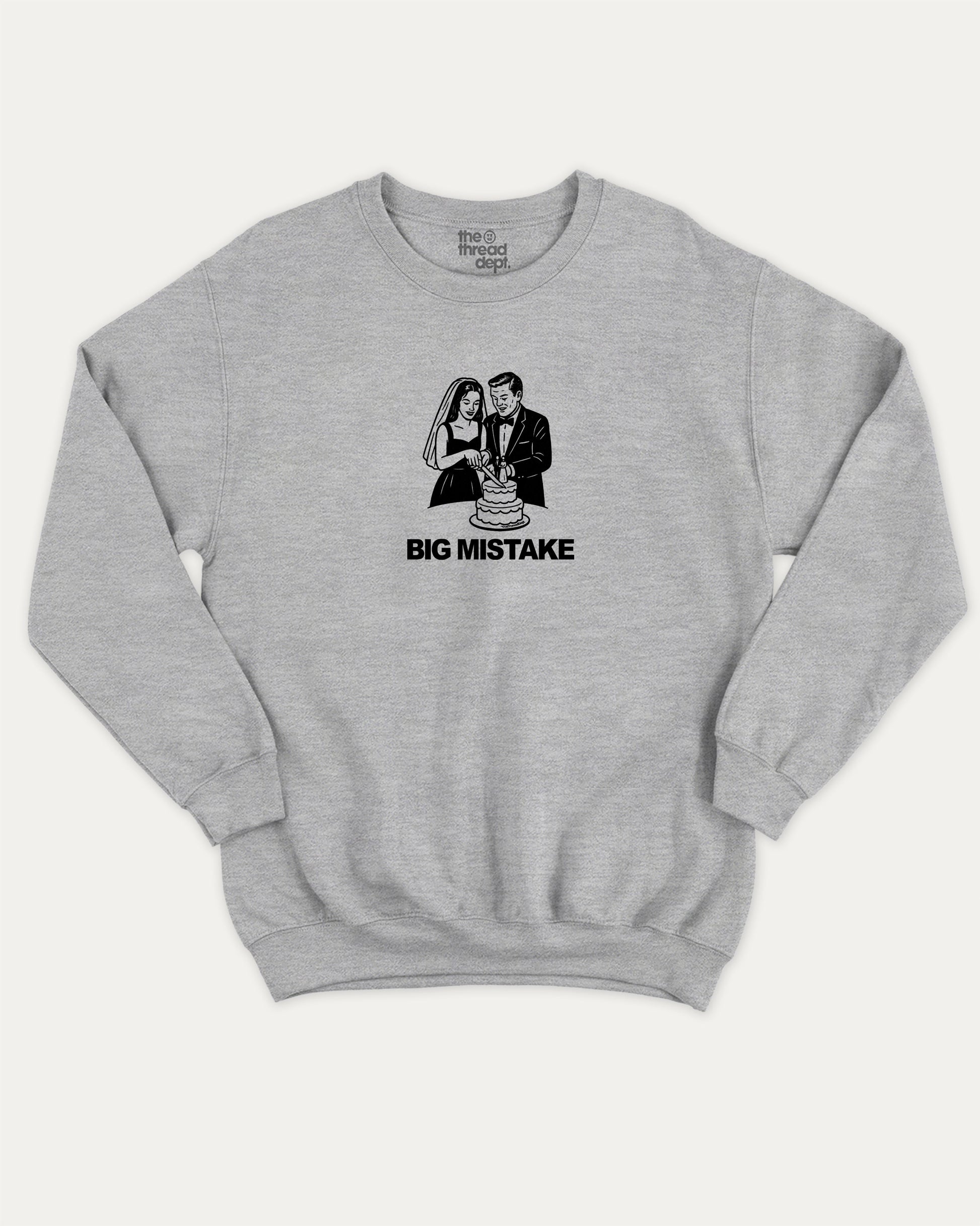 Big Mistake pullover sweatshirt, perfect for adults. A must-have graphic pullover, comfy cold-weather wear, funny wedding marriage shirt. Heather Grey sweater