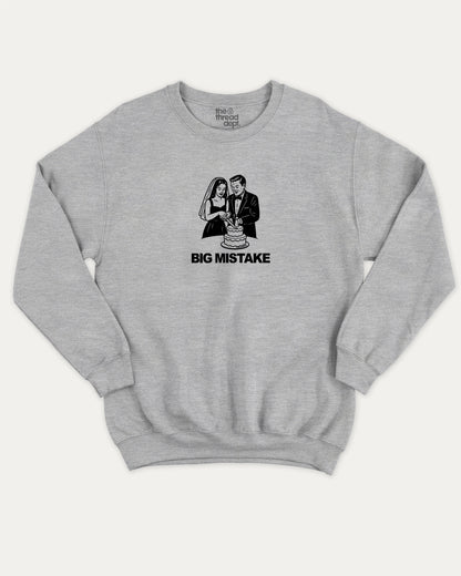 Big Mistake pullover sweatshirt, perfect for adults. A must-have graphic pullover, comfy cold-weather wear, funny wedding marriage shirt. Heather Grey sweater
