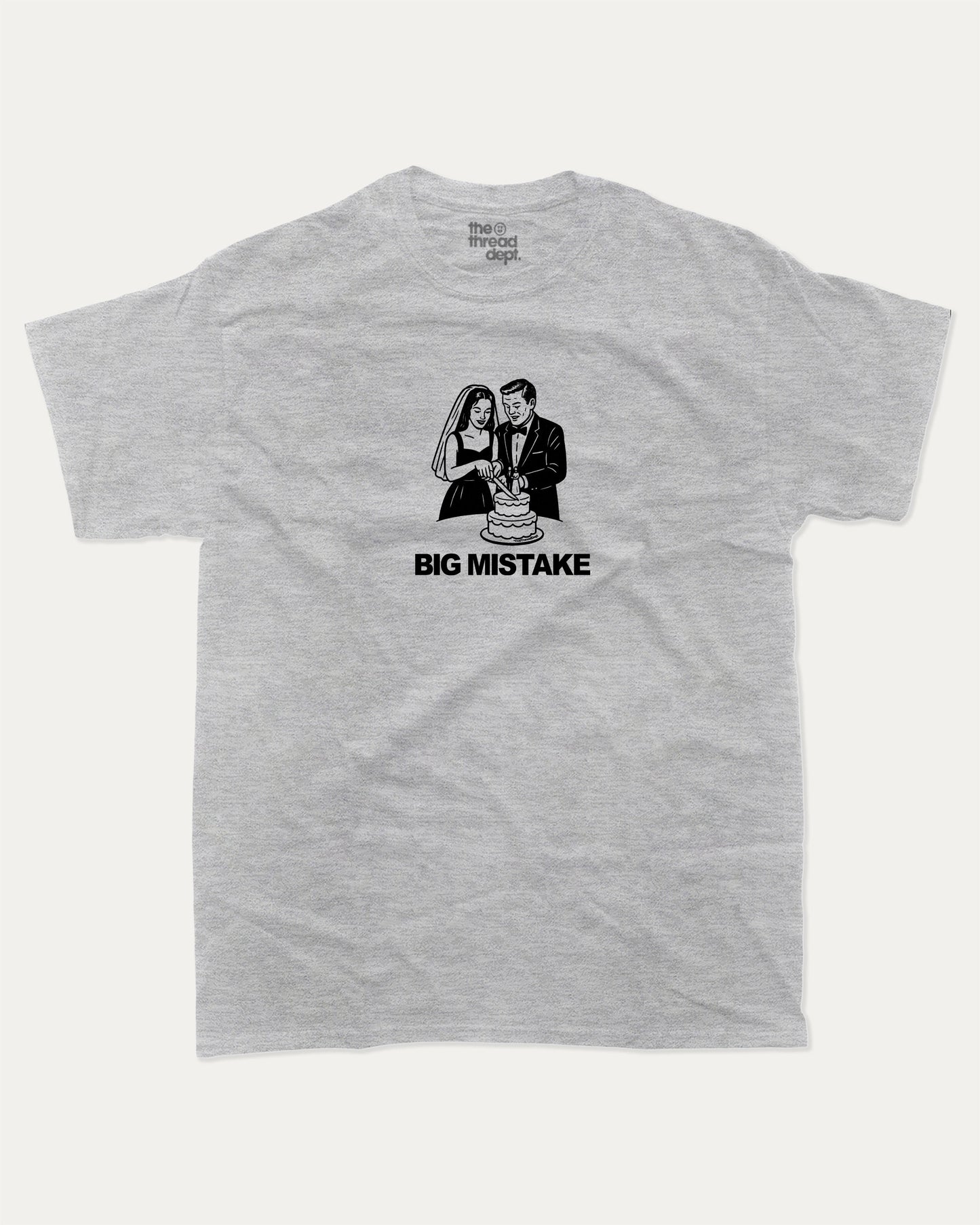 Big Mistake graphic t-shirt, perfect for adults. A must-have funny wedding tee, trending meme shirt, unique gift idea. Heather Grey.