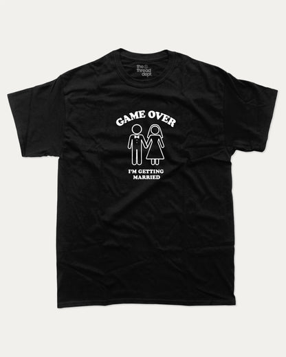Game Over I'm Getting Married graphic t-shirt, perfect for adults. A must-have funny marriage tee, trending meme shirt, unique gift idea. Black.