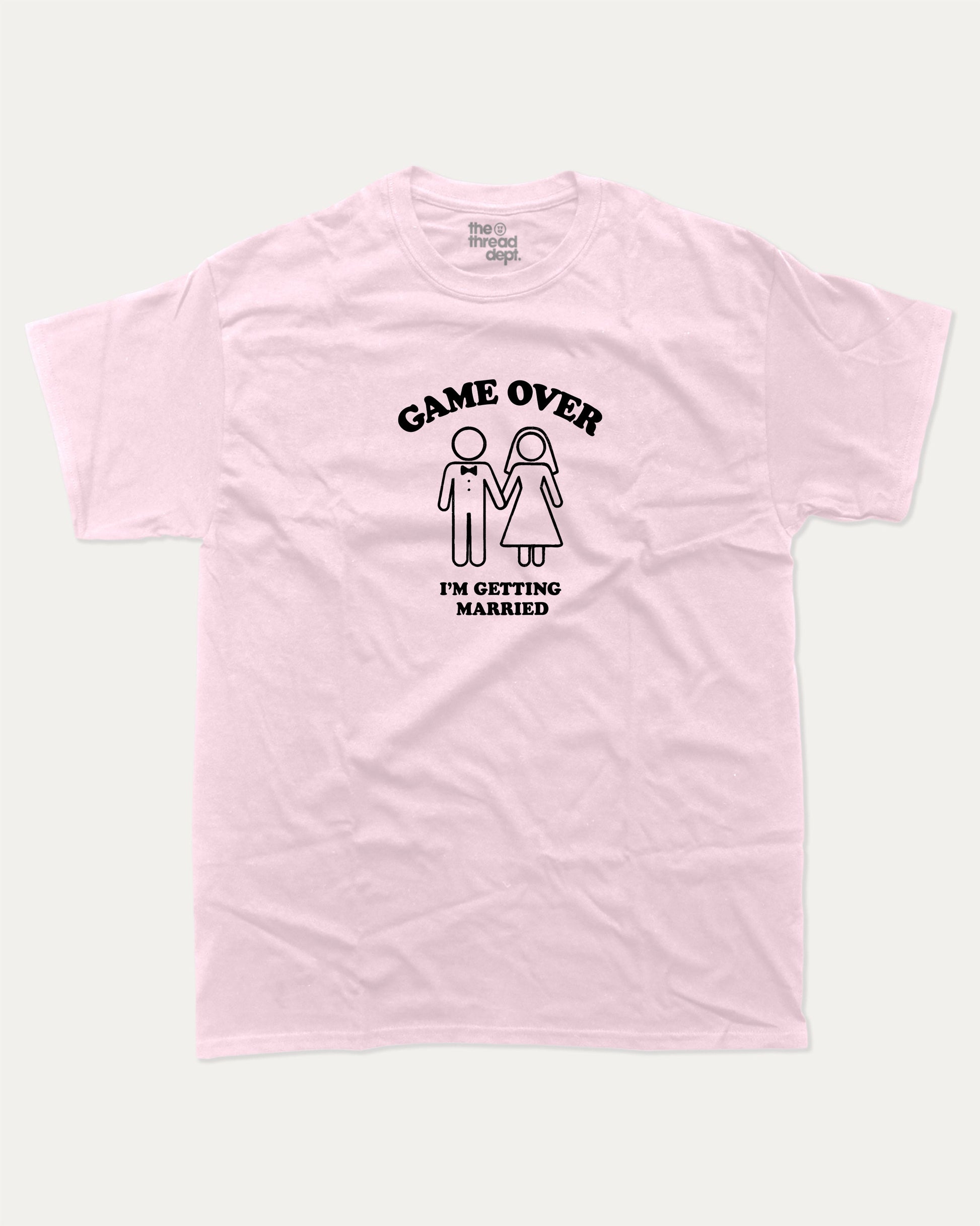 Game Over I'm Getting Married graphic t-shirt, perfect for adults. A must-have funny marriage tee, trending meme shirt, unique gift idea. Pink.