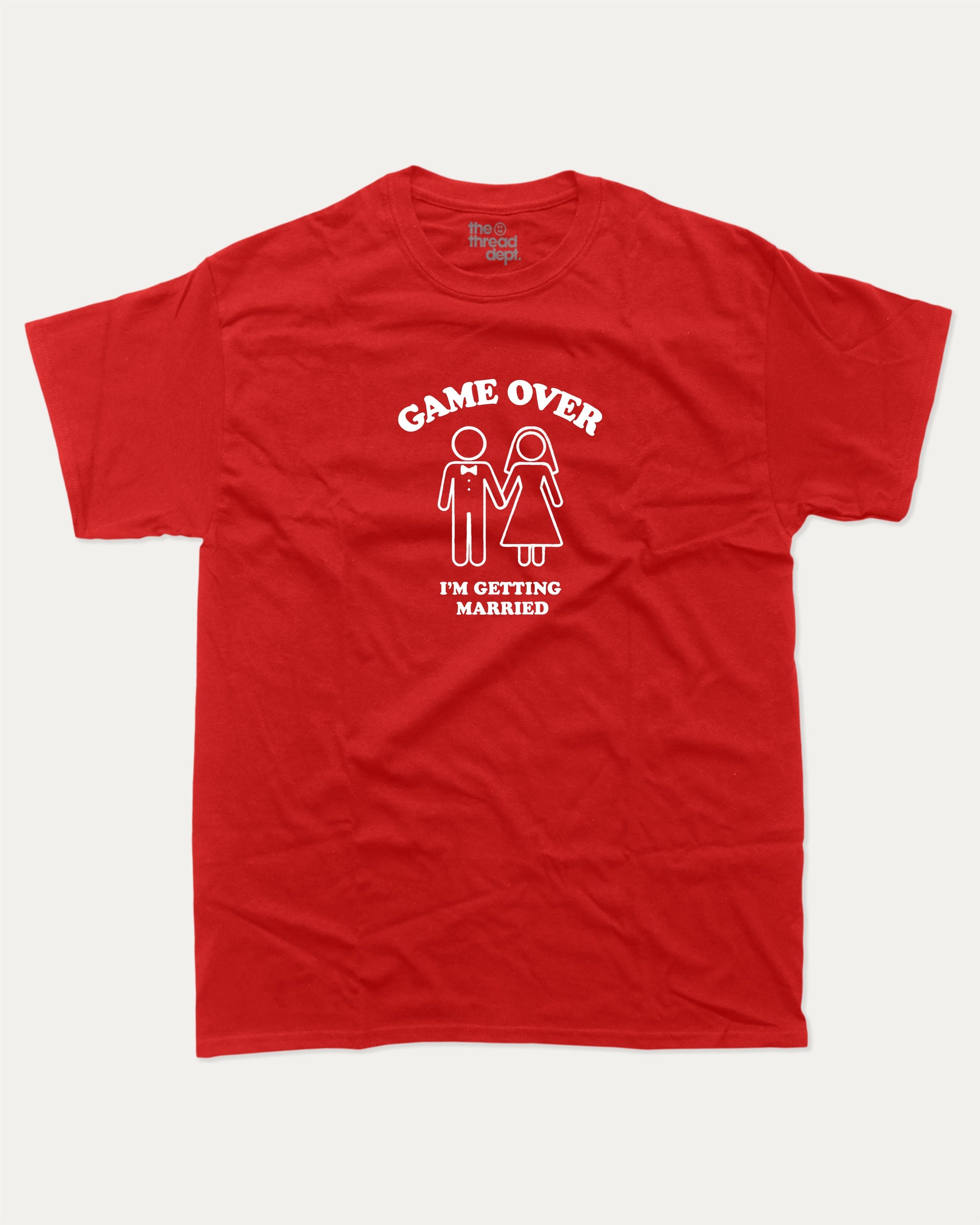 Game Over I'm Getting Married graphic t-shirt, perfect for adults. A must-have funny marriage tee, trending meme shirt, unique gift idea. Red.