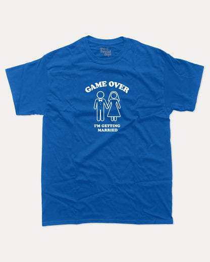 Game Over I'm Getting Married graphic t-shirt, perfect for adults. A must-have funny marriage tee, trending meme shirt, unique gift idea. Royal Blue.