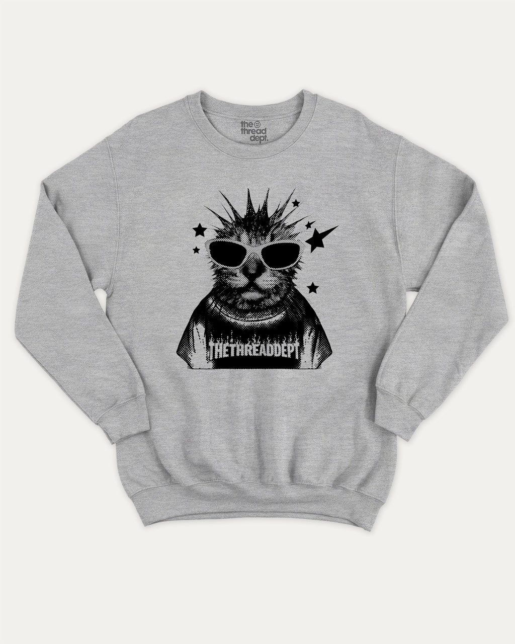 Funky Punky Cat graphic sweatshirt with bold and humorous print, Funny Cat meme Graphic T shirt, Perfect Gift for Cat Lovers, warm and cozy graphic for everyday wear. Perfect for adults and gift-giving. Heather Grey pullover.