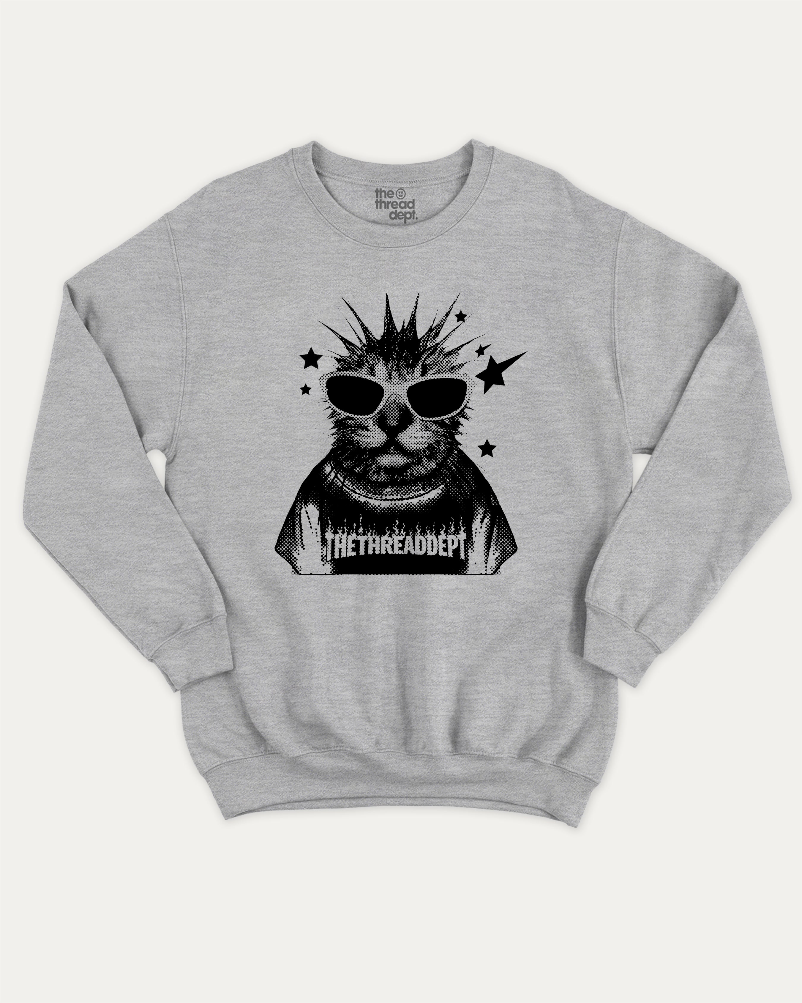 Funky Punky Cat graphic sweatshirt with bold and humorous print, Funny Cat meme Graphic T shirt, Perfect Gift for Cat Lovers, warm and cozy graphic for everyday wear. Perfect for adults and gift-giving. Heather Grey pullover.