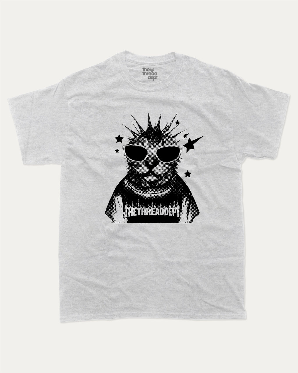 Funky Punky Cat graphic tee with bold and humorous print, Funny Cat meme Graphic T shirt, Perfect Gift for Cat Lovers, funny and trendy graphic. Perfect for adults and gift-giving. Ash Grey shirt.