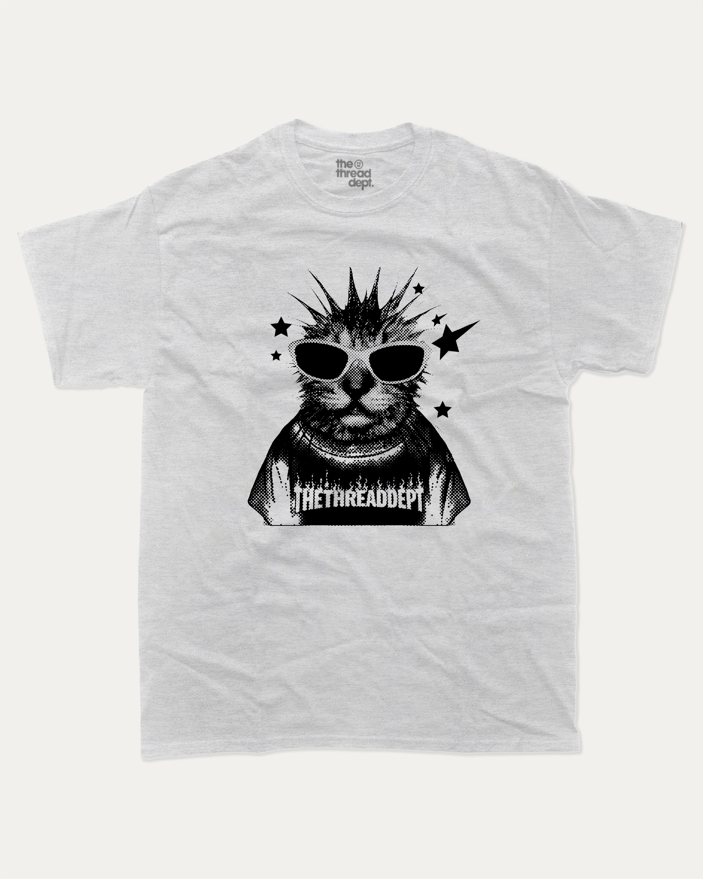 Funky Punky Cat graphic tee with bold and humorous print, Funny Cat meme Graphic T shirt, Perfect Gift for Cat Lovers, funny and trendy graphic. Perfect for adults and gift-giving. Ash Grey shirt.
