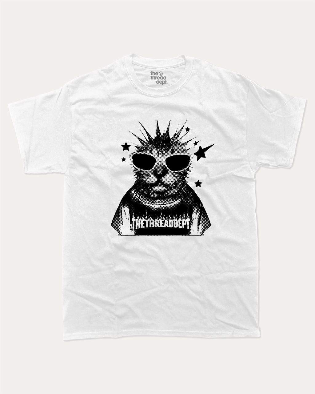 Funky Punky Cat graphic tee with bold and humorous print, Funny Cat meme Graphic T shirt, Perfect Gift for Cat Lovers, funny and trendy graphic. Perfect for adults and gift-giving. White shirt.