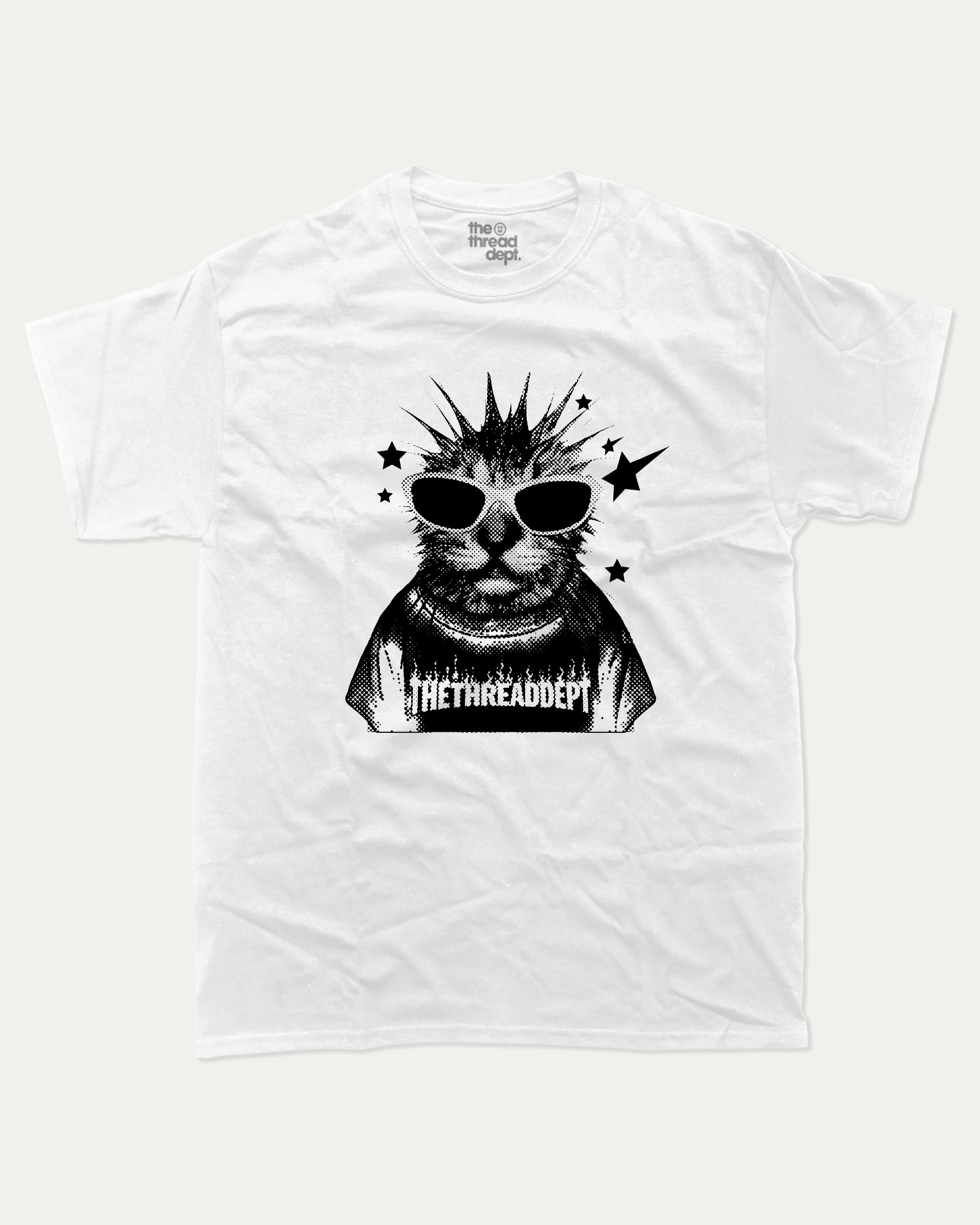 Funky Punky Cat graphic tee with bold and humorous print, Funny Cat meme Graphic T shirt, Perfect Gift for Cat Lovers, funny and trendy graphic. Perfect for adults and gift-giving. White shirt.