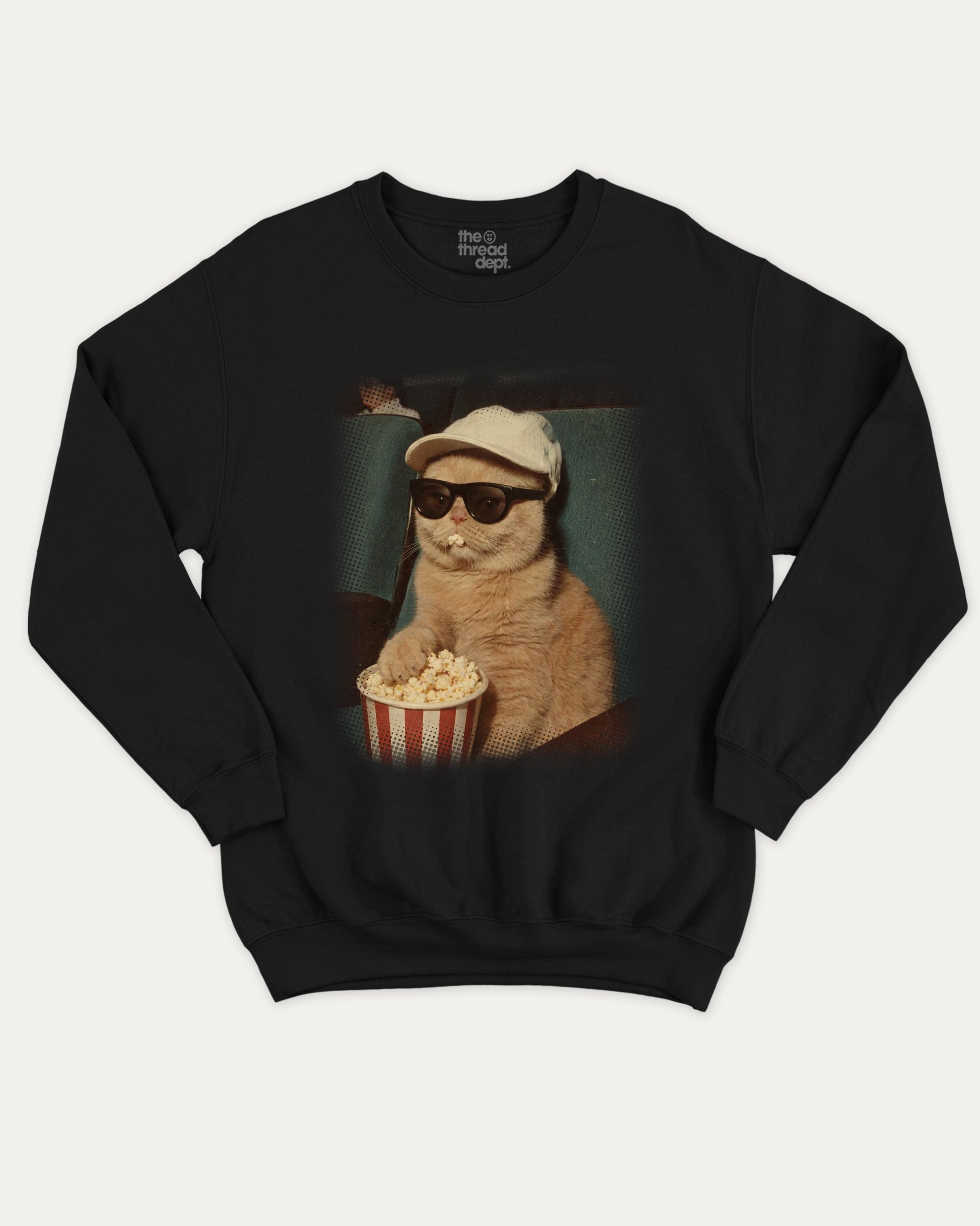 Movie Night Cat graphic sweatshirt with bold and humorous print, Funny Cat meme Graphic T shirt, Perfect Gift for Cat Lovers, warm and cozy graphic for everyday wear. Perfect for adults and gift-giving. Black pullover.