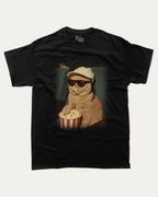 Movie Night Cat graphic tee with bold and humorous print, Funny Cat meme Graphic T shirt, Perfect Gift for Cat Lovers, funny and trendy graphic. Perfect for adults and gift-giving. Black shirt.