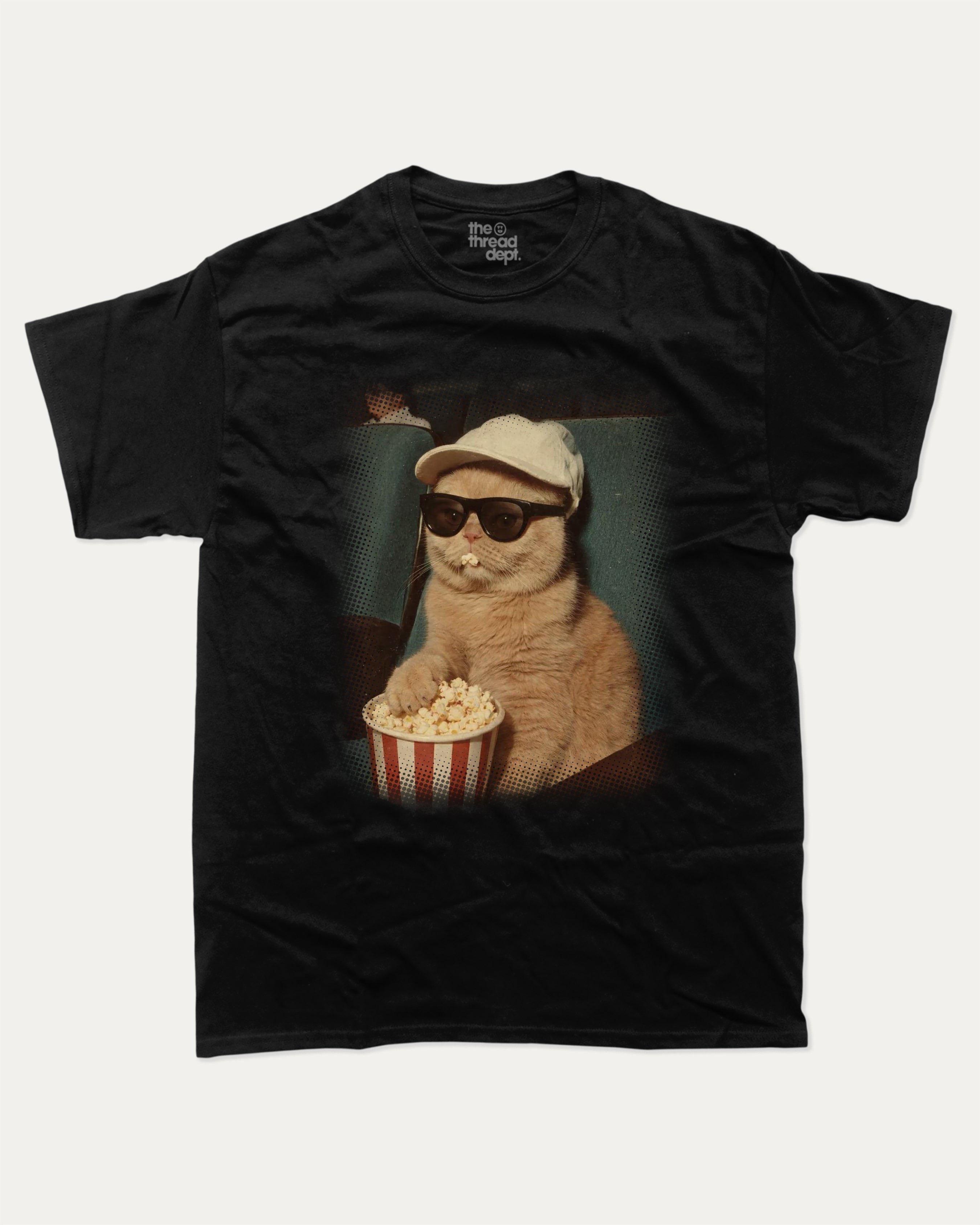 Movie Night Cat graphic tee with bold and humorous print, Funny Cat meme Graphic T shirt, Perfect Gift for Cat Lovers, funny and trendy graphic. Perfect for adults and gift-giving. Black shirt.