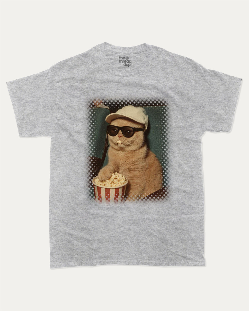 Movie Night Cat graphic tee with bold and humorous print, Funny Cat meme Graphic T shirt, Perfect Gift for Cat Lovers, funny and trendy graphic. Perfect for adults and gift-giving. Heather Grey shirt.