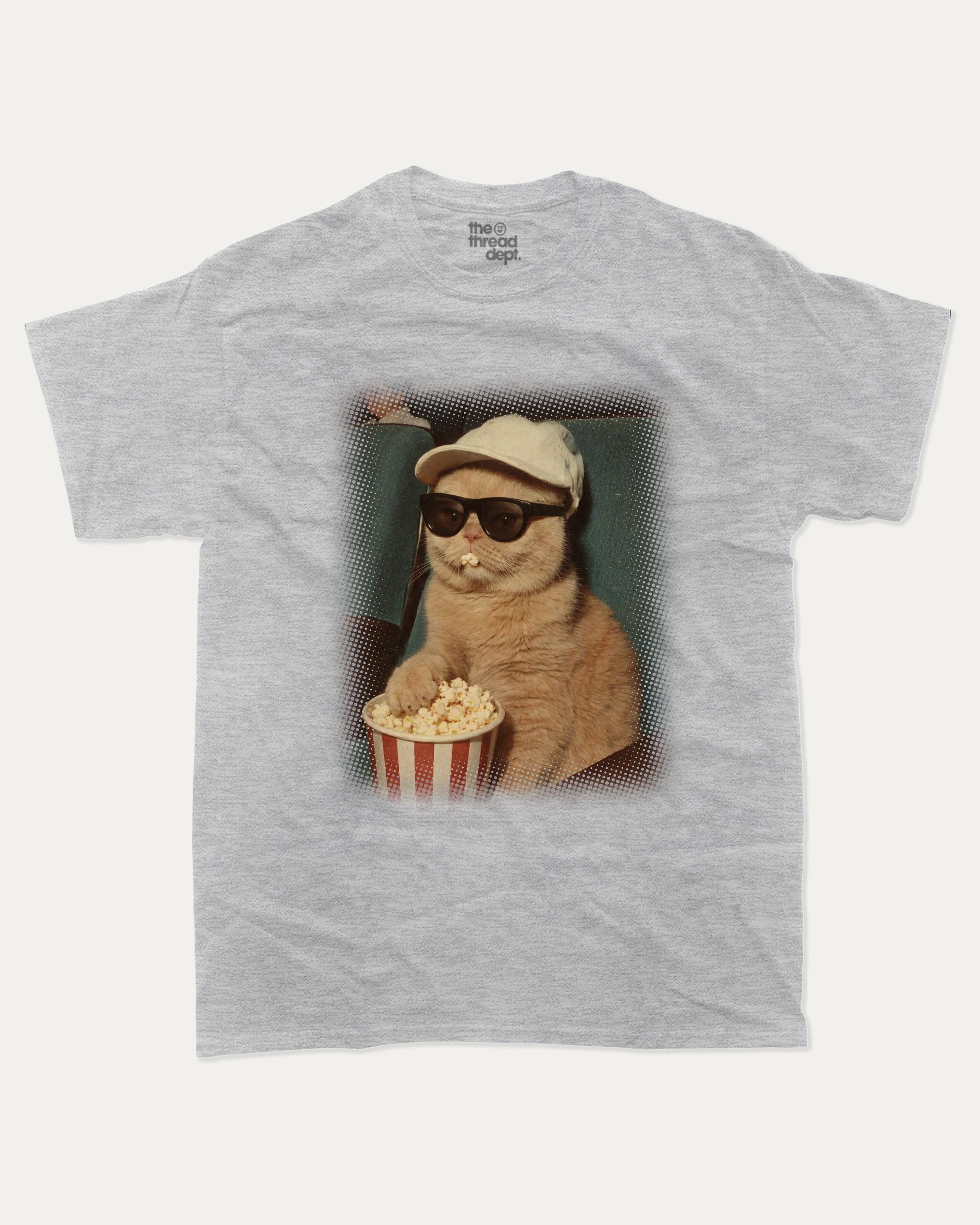 Movie Night Cat graphic tee with bold and humorous print, Funny Cat meme Graphic T shirt, Perfect Gift for Cat Lovers, funny and trendy graphic. Perfect for adults and gift-giving. Heather Grey shirt.