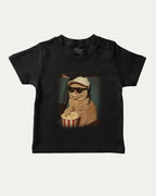 Movie Night Cat graphic tee with bold and humorous print, Funny Cat meme Graphic T shirt, Perfect Gift for Cat Lovers, funny and trendy graphic. Perfect for adults and gift-giving. Black shirt.