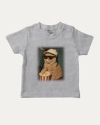 Movie Night Cat graphic tee with bold and humorous print, Funny Cat meme Graphic T shirt, Perfect Gift for Cat Lovers, funny and trendy graphic. Perfect for adults and gift-giving. Heather Grey shirt.