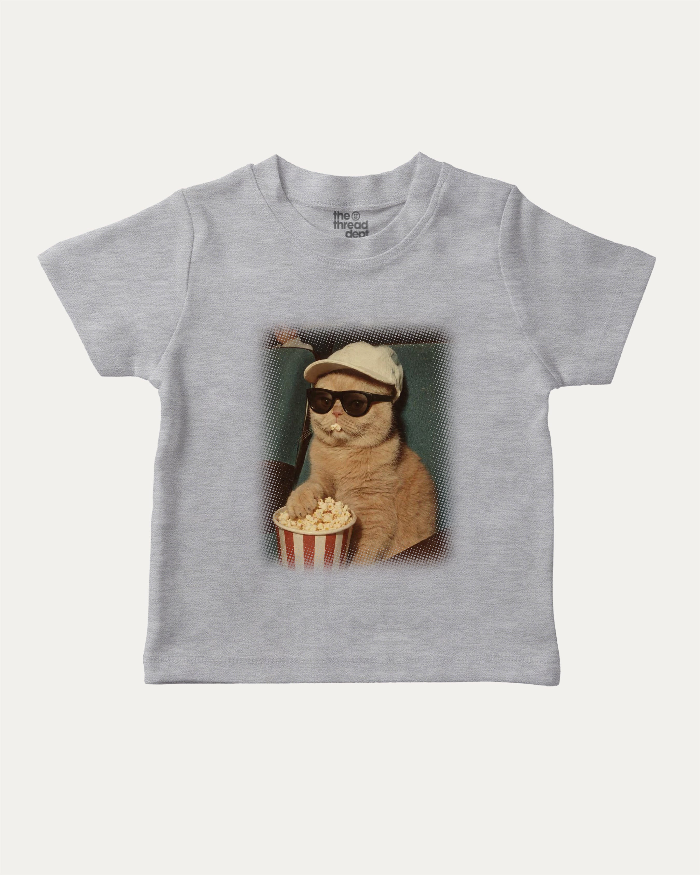 Movie Night Cat graphic tee with bold and humorous print, Funny Cat meme Graphic T shirt, Perfect Gift for Cat Lovers, funny and trendy graphic. Perfect for adults and gift-giving. Heather Grey shirt.