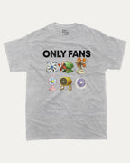 Only Fans graphic tee with bold and humorous print, Funny Meme Graphic T shirt, funny and trendy graphic. Perfect for adults and gift-giving. Heather Grey shirt.