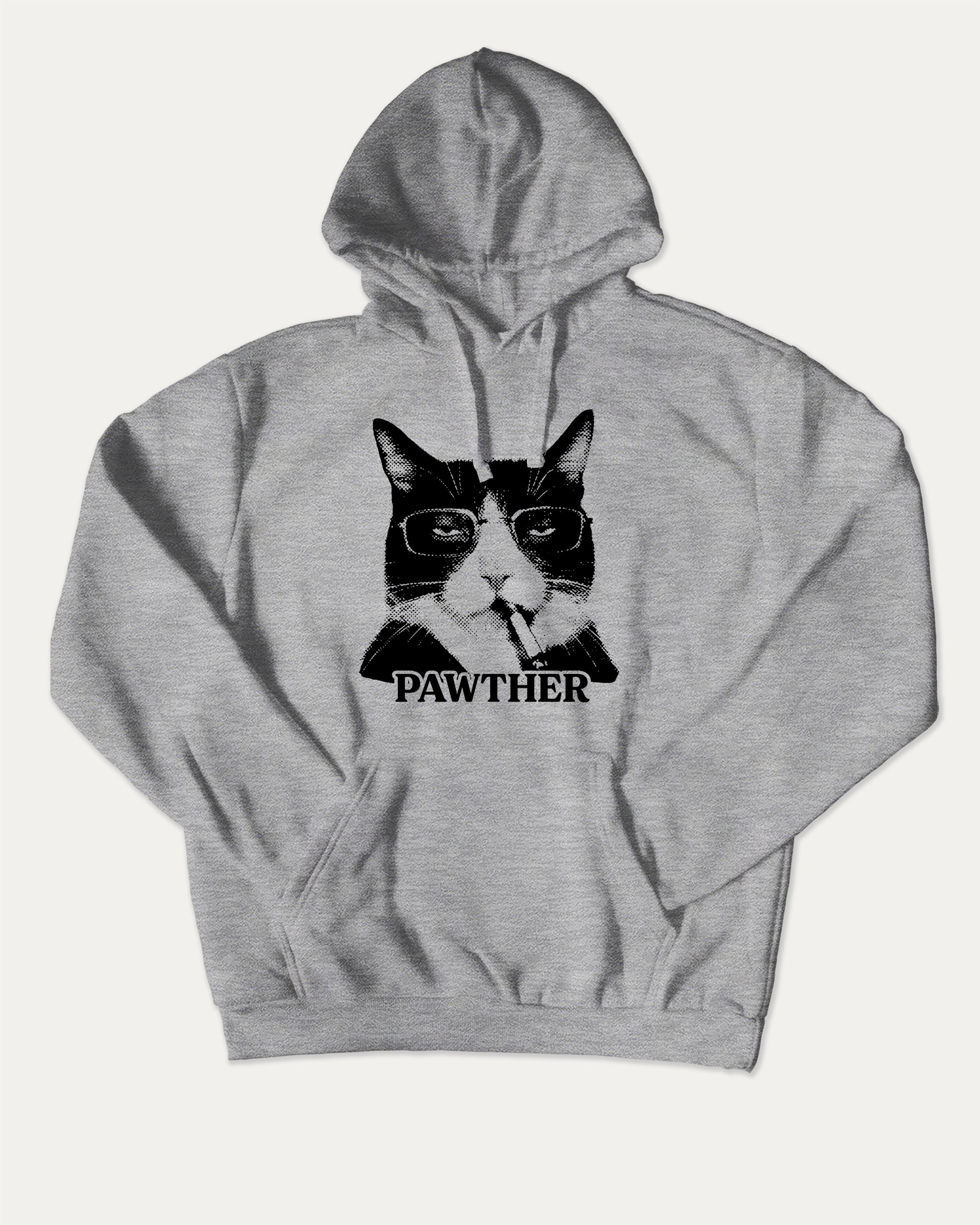 Pawther graphic hoodie with funny and trendy artwork, casual streetwear with bold personality. Great for adults and gifting. Heather Grey hoodie.