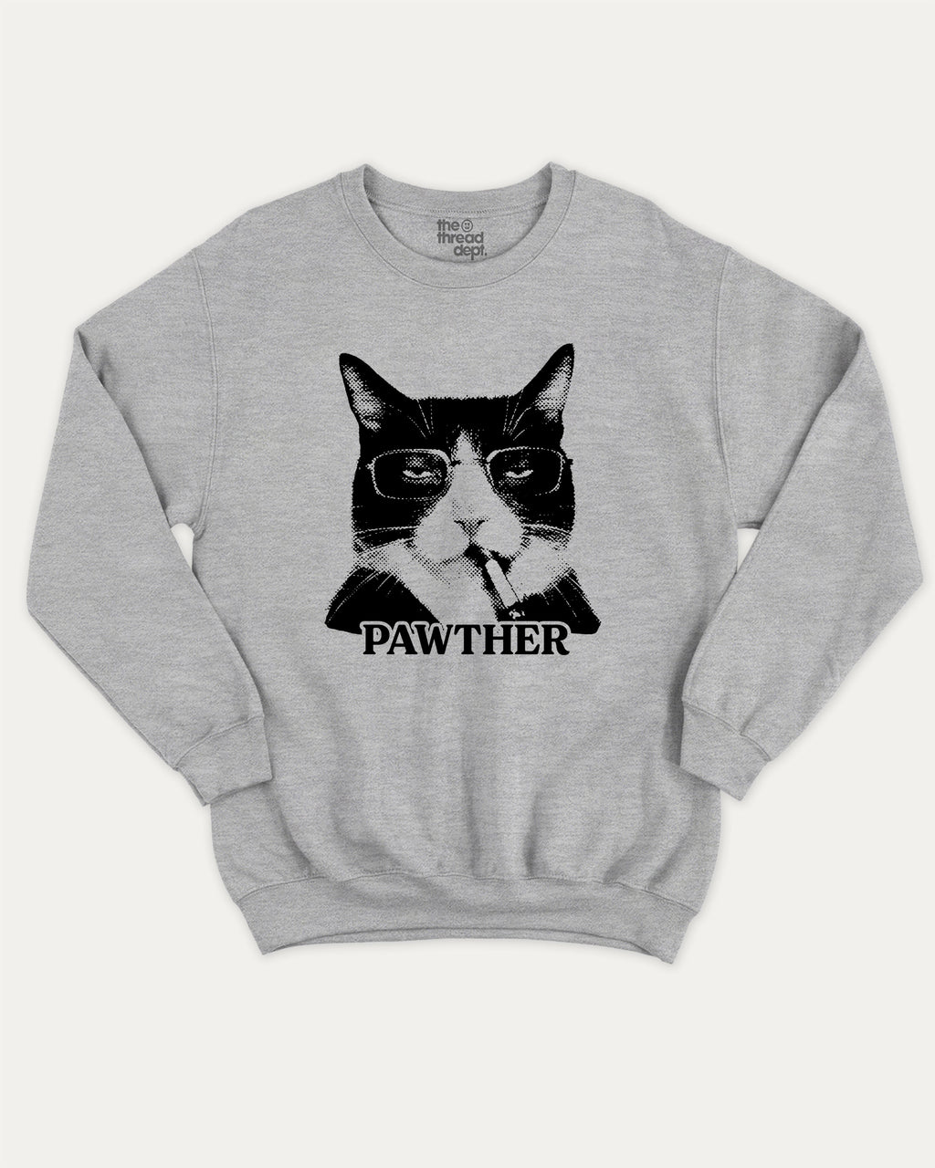 Pawther graphic sweatshirt with bold and humorous print, Funny Cat meme Graphic T shirt, Perfect Gift for Cat Lovers, warm and cozy graphic for everyday wear. Perfect for adults and gift-giving. Heather Grey pullover.