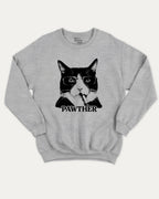 Pawther graphic sweatshirt with bold and humorous print, Funny Cat meme Graphic T shirt, Perfect Gift for Cat Lovers, warm and cozy graphic for everyday wear. Perfect for adults and gift-giving. Heather Grey pullover.