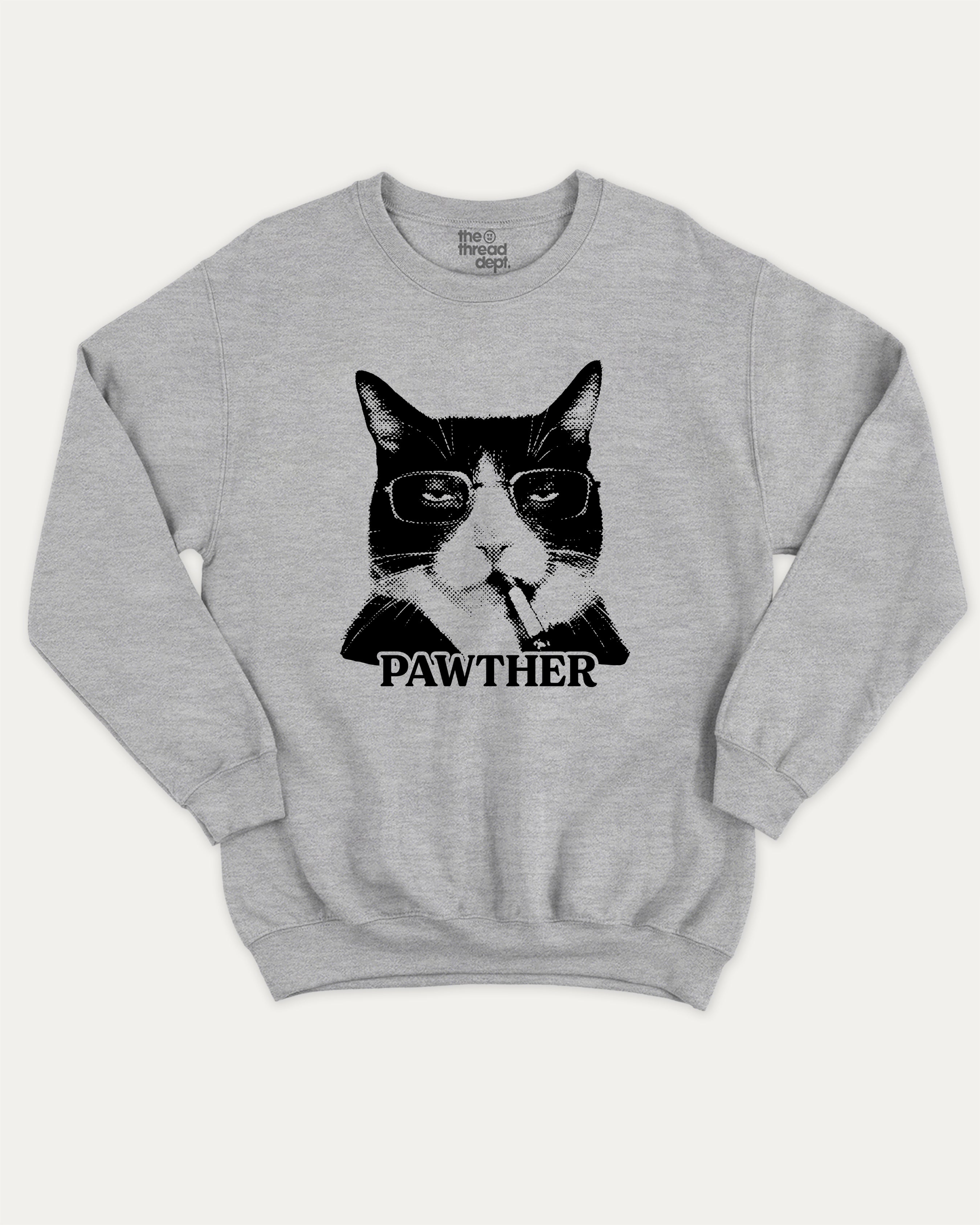 Pawther graphic sweatshirt with bold and humorous print, Funny Cat meme Graphic T shirt, Perfect Gift for Cat Lovers, warm and cozy graphic for everyday wear. Perfect for adults and gift-giving. Heather Grey pullover.