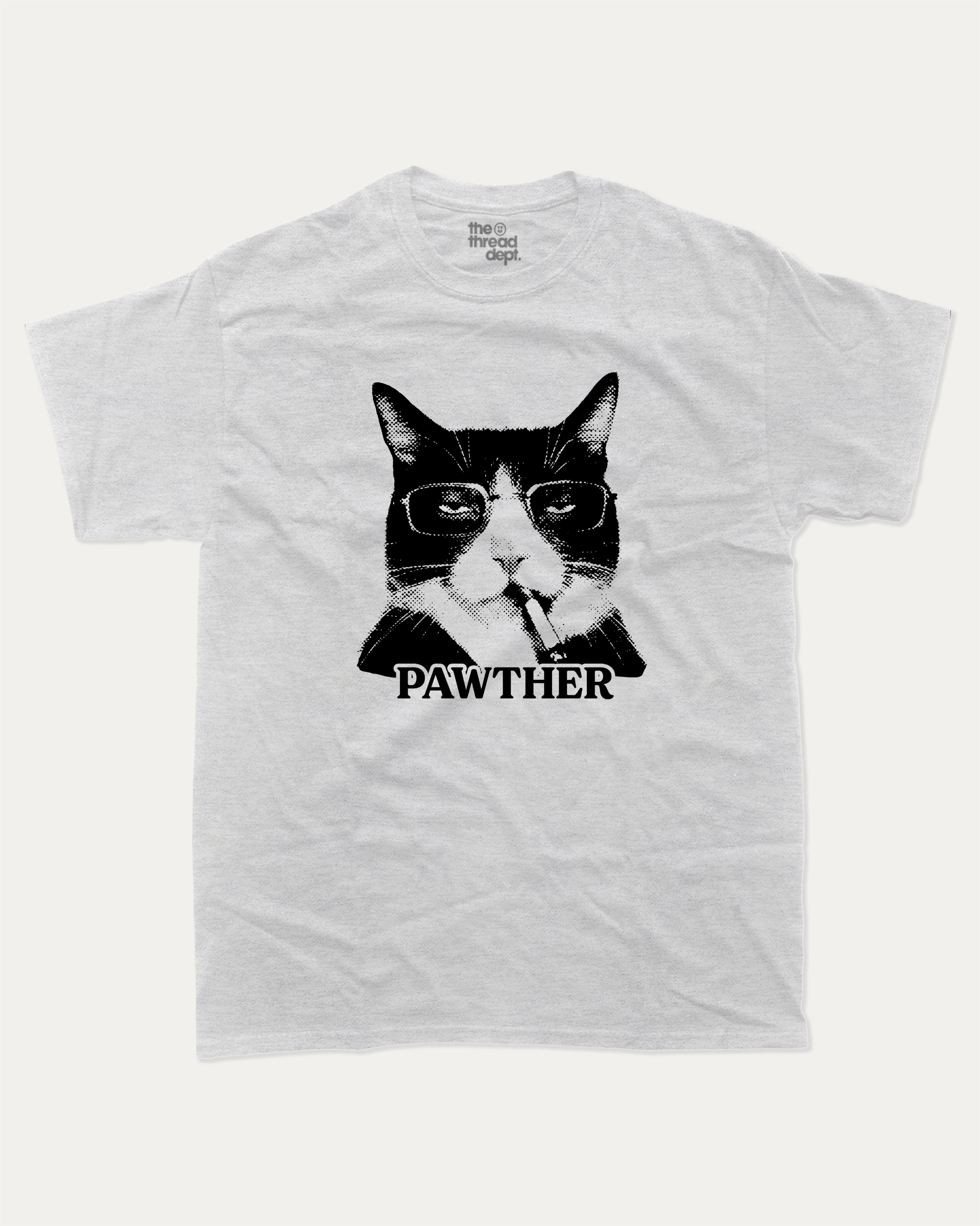 Pawther graphic tee with bold and humorous print, Funny Cat meme Graphic T shirt, Perfect Gift for Cat Lovers, funny and trendy graphic. Perfect for adults and gift-giving. Ash Grey shirt.