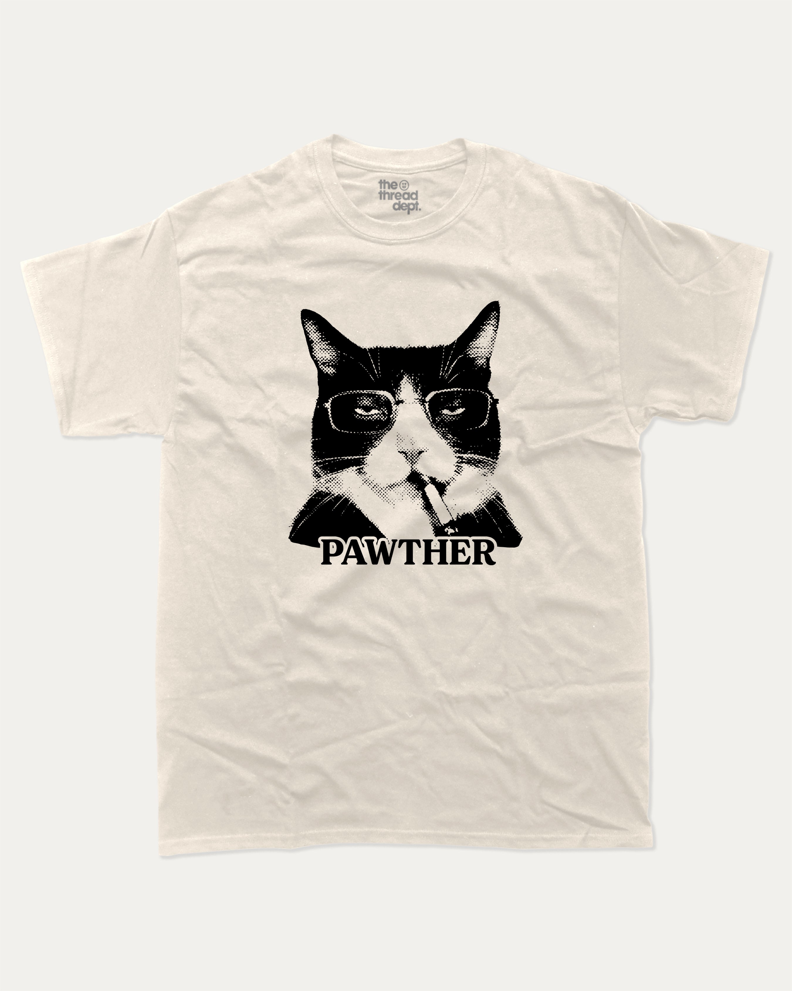Pawther graphic tee with bold and humorous print, Funny Cat meme Graphic T shirt, Perfect Gift for Cat Lovers, funny and trendy graphic. Perfect for adults and gift-giving. Cream shirt.