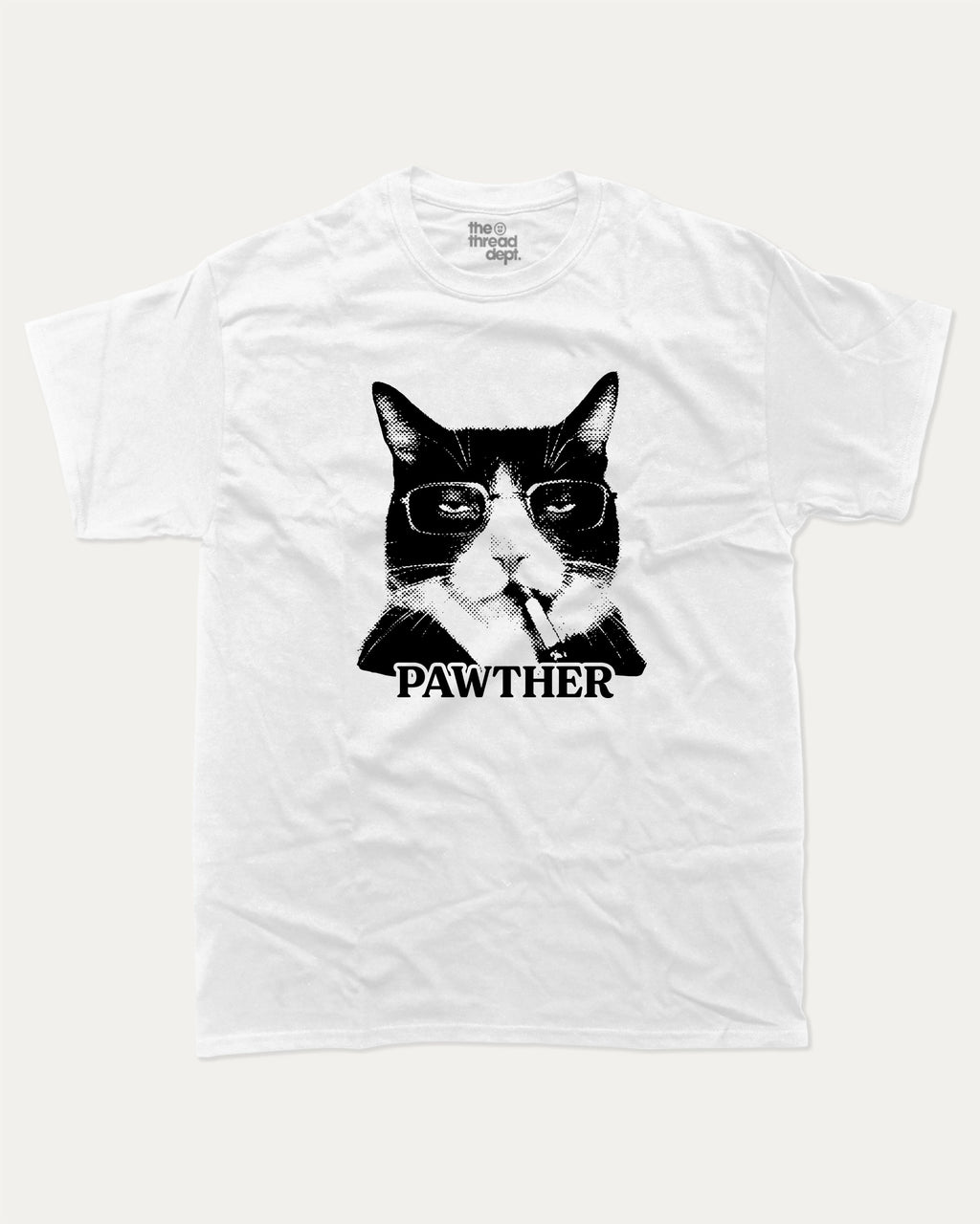 Pawther graphic tee with bold and humorous print, Funny Cat meme Graphic T shirt, Perfect Gift for Cat Lovers, funny and trendy graphic. Perfect for adults and gift-giving. White shirt.
