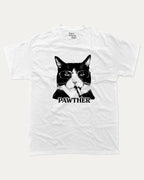 Pawther graphic tee with bold and humorous print, Funny Cat meme Graphic T shirt, Perfect Gift for Cat Lovers, funny and trendy graphic. Perfect for adults and gift-giving. White shirt.