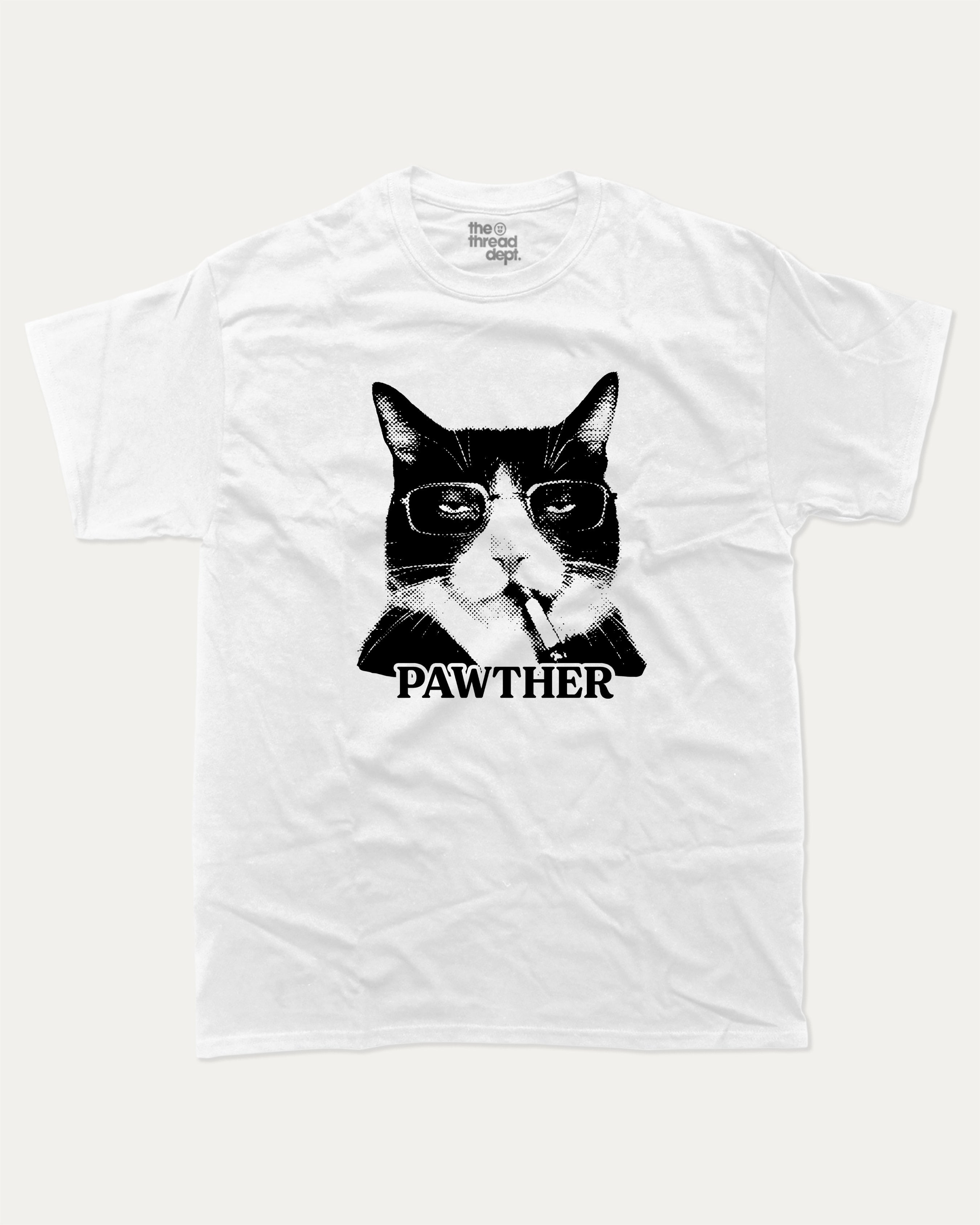 Pawther graphic tee with bold and humorous print, Funny Cat meme Graphic T shirt, Perfect Gift for Cat Lovers, funny and trendy graphic. Perfect for adults and gift-giving. White shirt.
