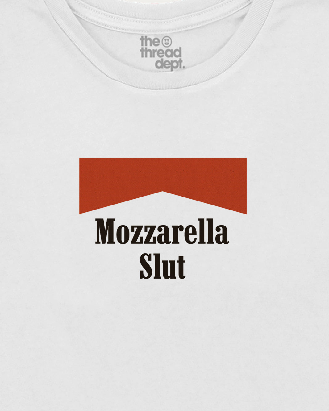 White t-shirt with 'Mozzarella Slut' text and red logo on a white background
