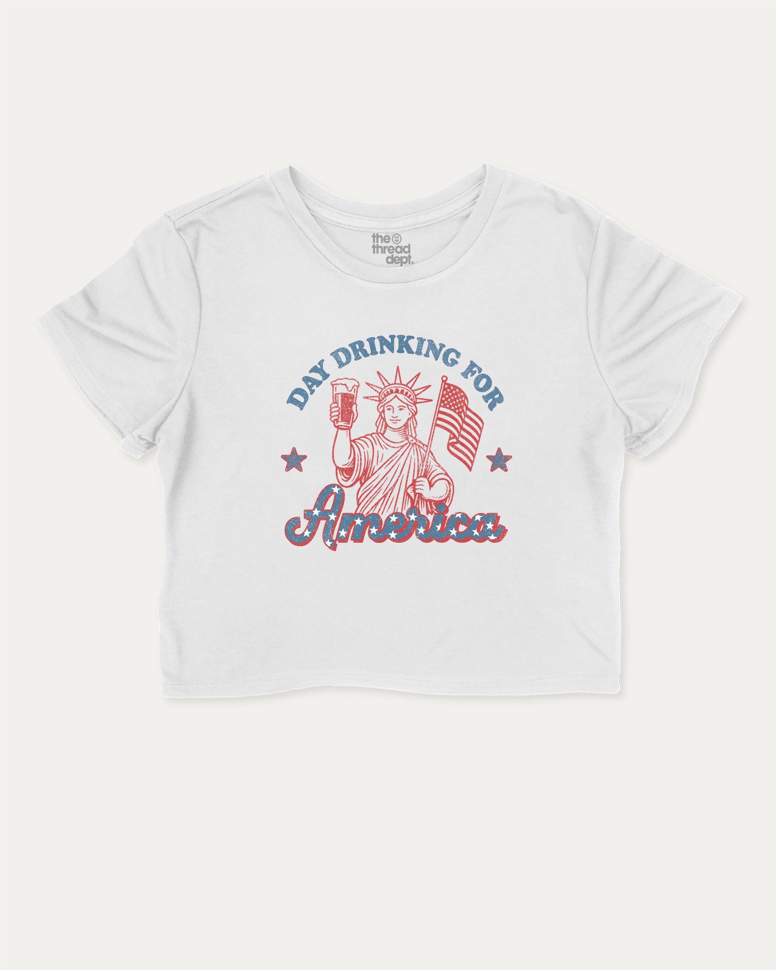 Day Drinking For America cute and trendy crop tee with nostalgic graphic, perfect for women. A must-have cropped aesthetic shirt, ideal for daily outfits and casual days. White crop tee