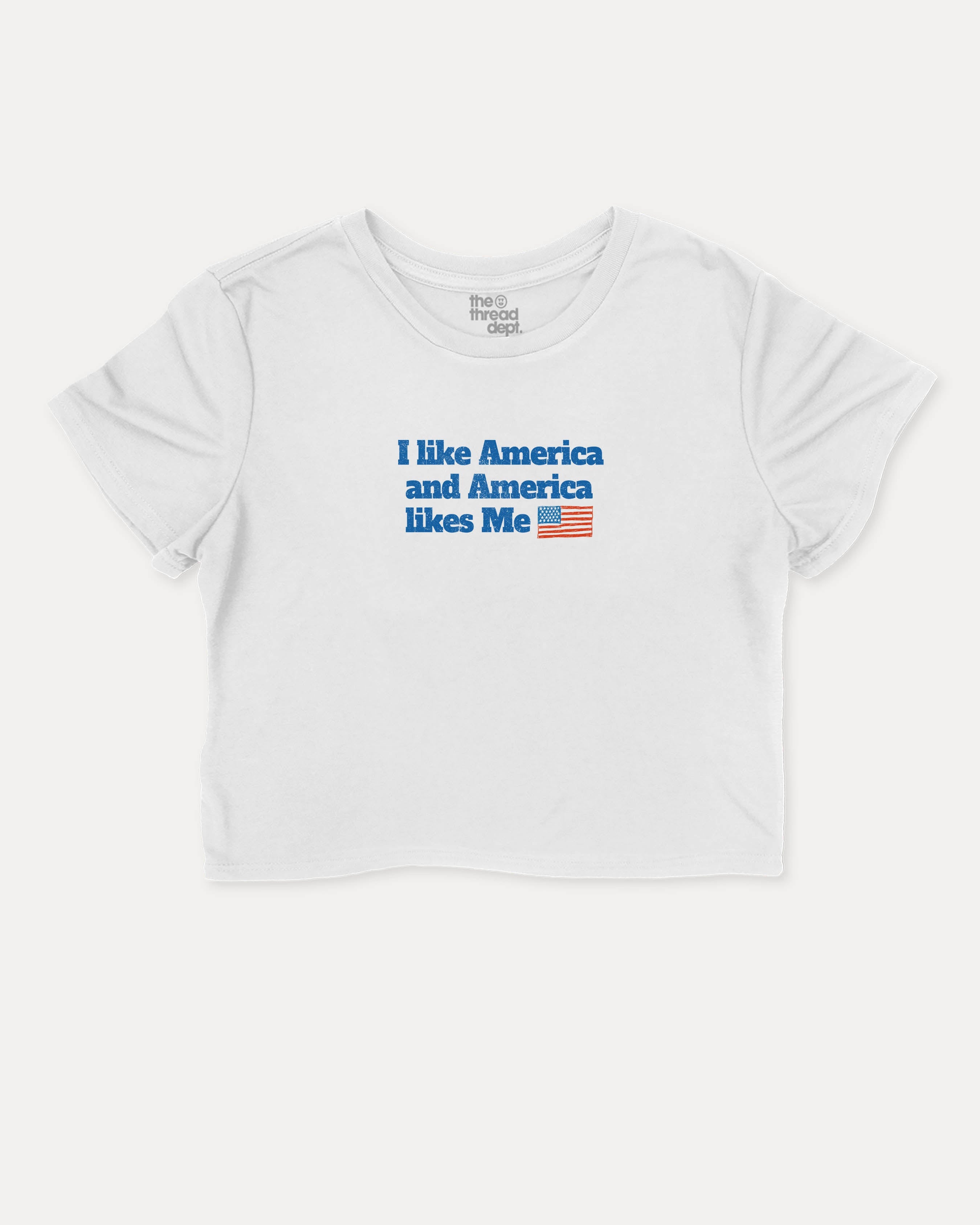 I like America and America likes me graphic crop tee with funny and trendy slogan print, Perfect Gift for Patriotic People, perfect for women’s casual looks or layering. White crop t-shirt.