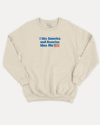 I like America and America likes me graphic sweatshirt with bold and humorous print, Perfect Gift for Patriotic People, warm and cozy graphic for everyday wear. Perfect for adults and gift-giving. Natural pullover.