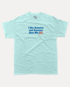 I like America and America likes me graphic tee with bold and humorous print, Perfect Gift for Patriotic People, funny and trendy graphic. Perfect for adults and gift-giving. Celadon shirt.