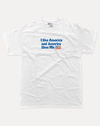 I like America and America likes me graphic tee with bold and humorous print, Perfect Gift for Patriotic People, funny and trendy graphic. Perfect for adults and gift-giving. White shirt.