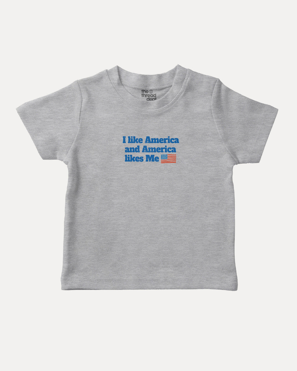I like America and America likes me graphic tee with bold and humorous print, Perfect Gift for Patriotic People, funny and trendy graphic. Perfect for adults and gift-giving. Heather Grey shirt.