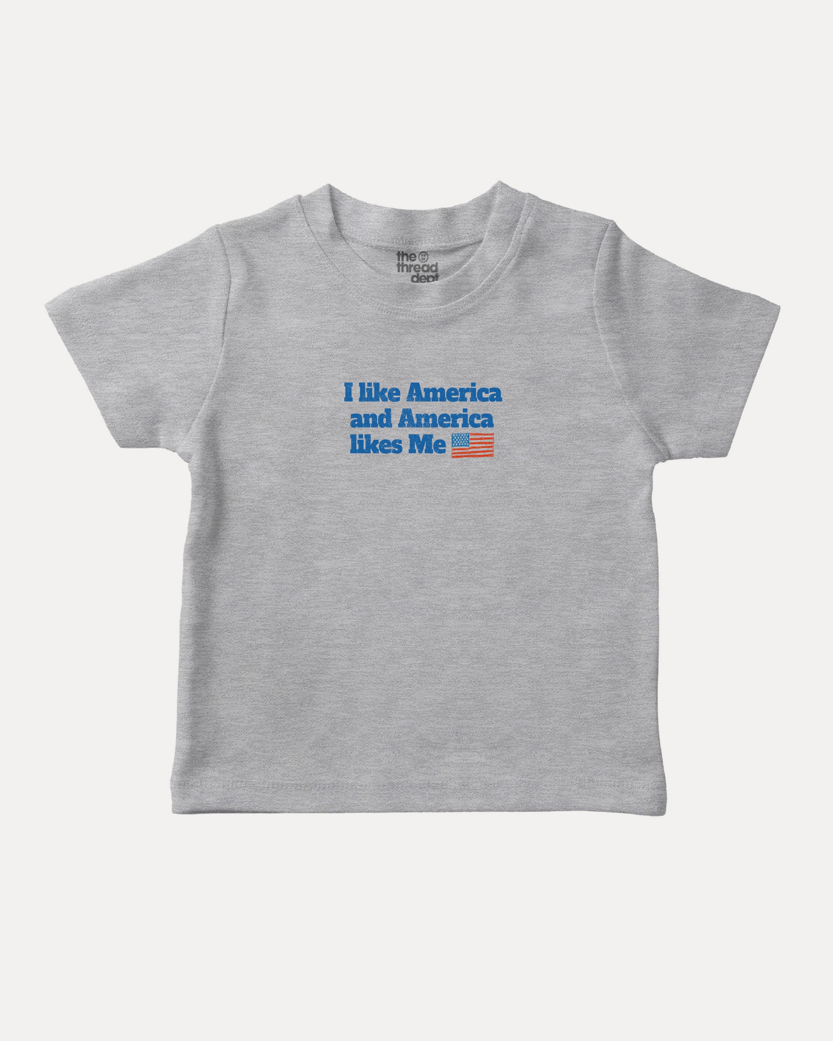 I like America and America likes me graphic tee with bold and humorous print, Perfect Gift for Patriotic People, funny and trendy graphic. Perfect for adults and gift-giving. Heather Grey shirt.