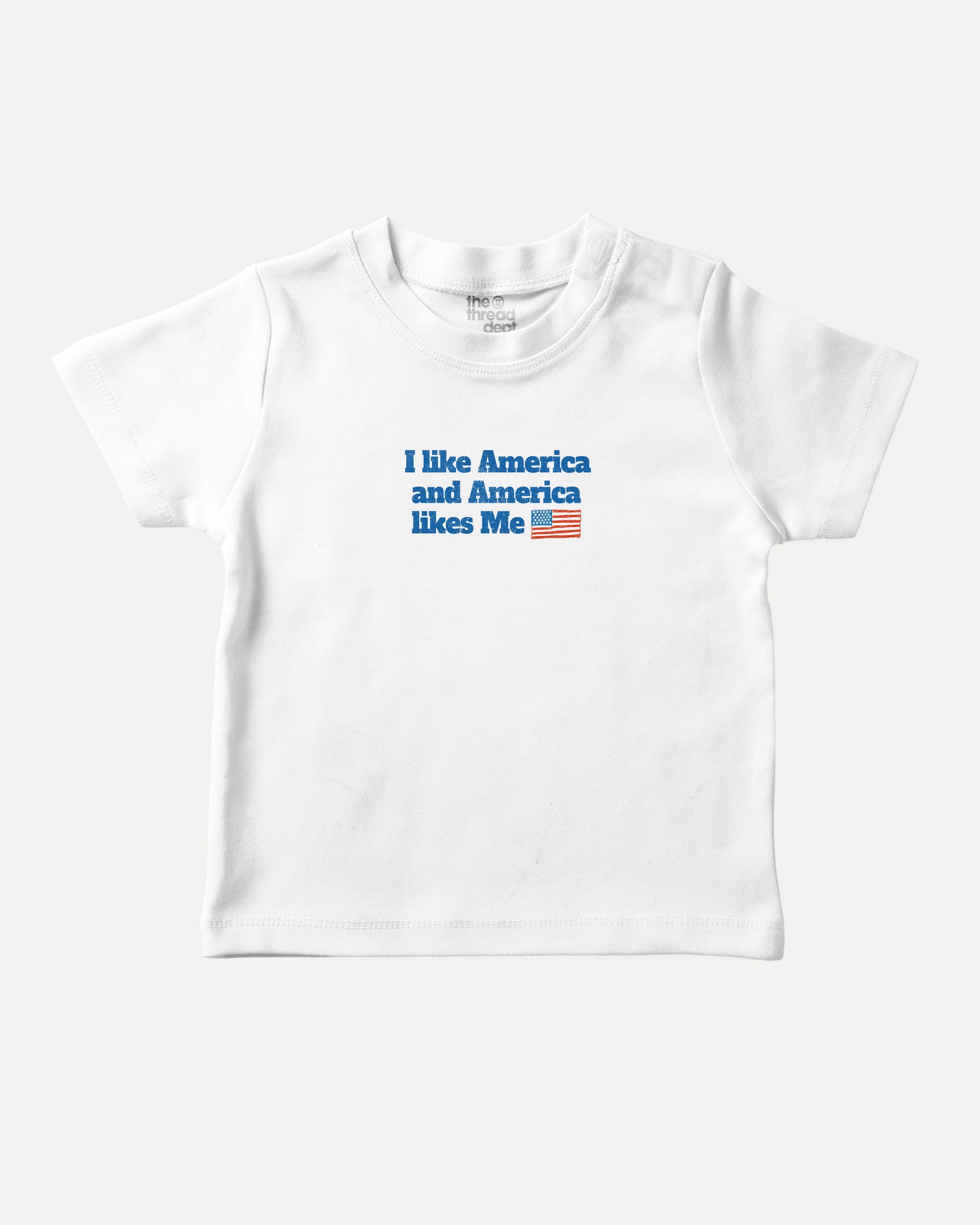 I like America and America likes me graphic tee with bold and humorous print, Perfect Gift for Patriotic People, funny and trendy graphic. Perfect for adults and gift-giving. White shirt.