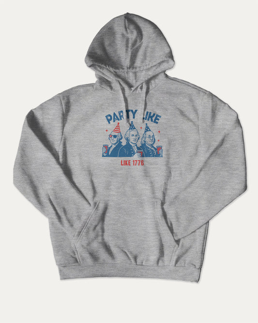 Party Like Like 1776 bold graphic hoodie, perfect for adults. Funny 4th of july America graphic hoodie, cozy and cool, trending streetwear essential. Heather Grey hoodie