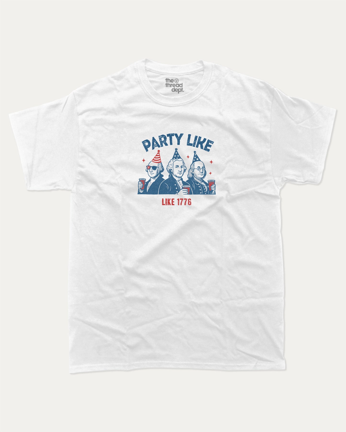 Party Like Like 1776 graphic t-shirt, perfect for adults. Funny 4th of july America tee, trending meme shirt, unique gift idea. White.