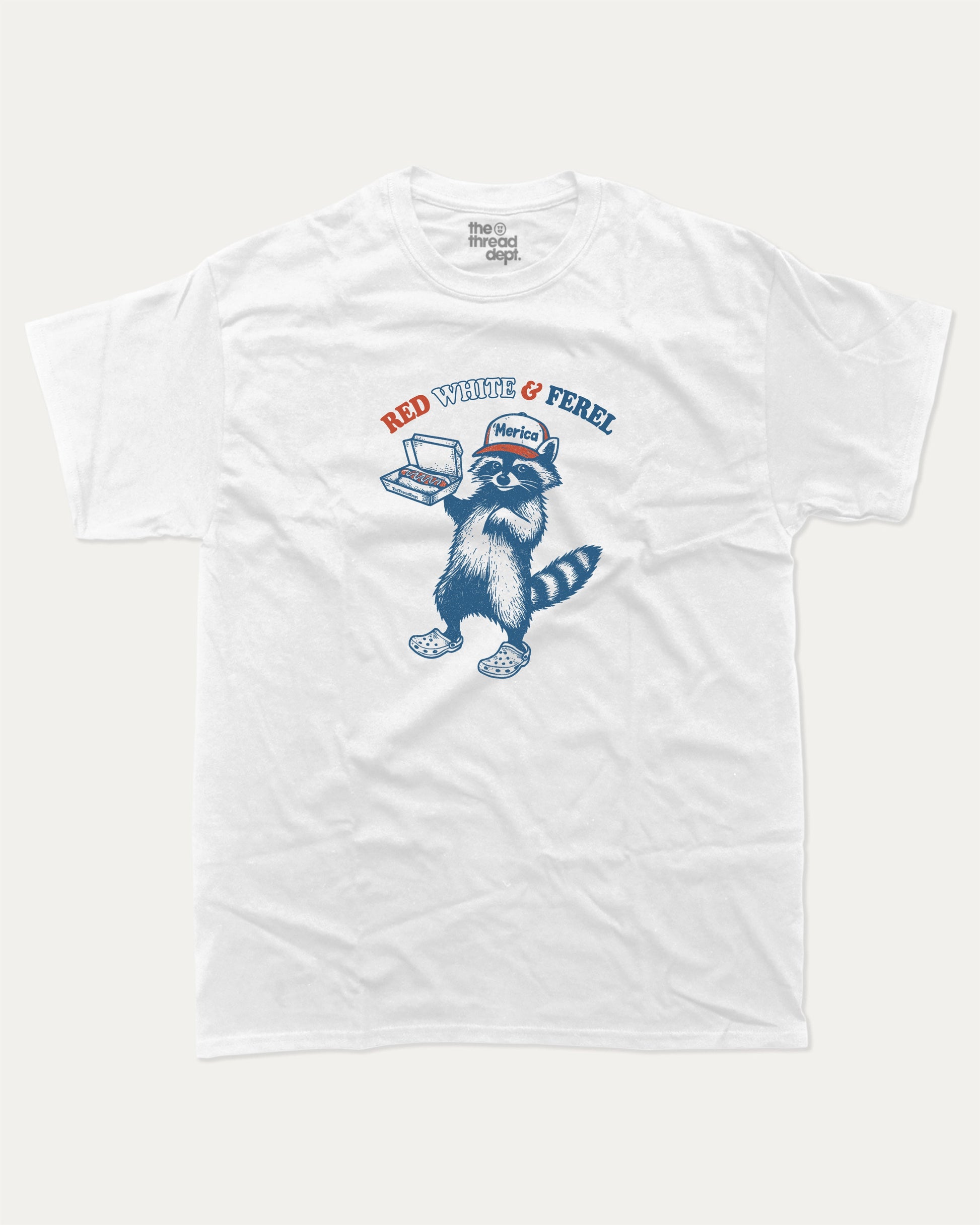 Red White And Feral graphic t-shirt, perfect for adults. Funny USA tee, trending meme shirt, unique gift idea. White.