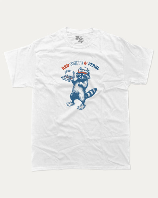 Red White And Feral graphic t-shirt, perfect for adults. Funny USA tee, trending meme shirt, unique gift idea. White.